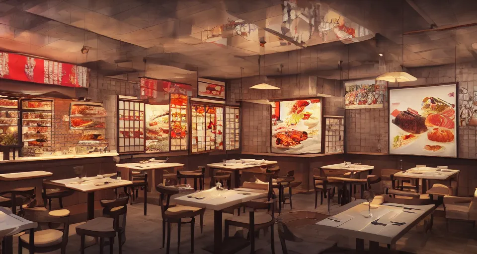 Image similar to a beautiful painting of a sushi resturant, gigantic, octane render, brilliantly coloured, intricate, ultra wide angle, trending on artstation, dusk, volumetric lighting, polished, micro details, ray tracing, 8k