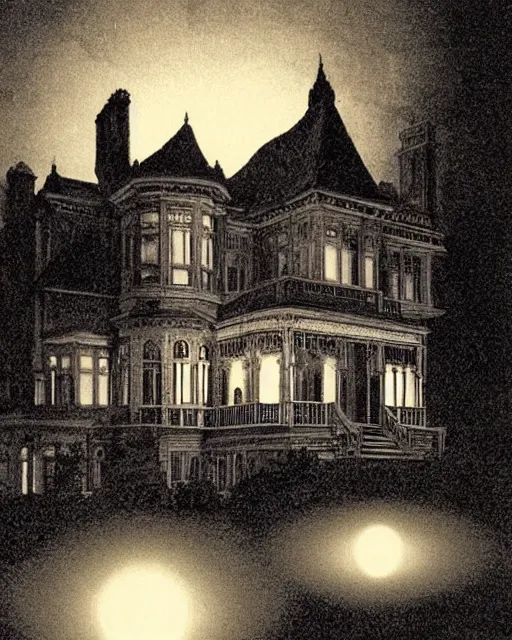 Prompt: a wide angle low photo of a ghostly victorian mansion at night lit by spectral glowing orbs by thomas blackshear