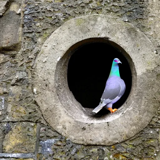 Prompt: a pigeon stuck in a loophole inside a medieval wall