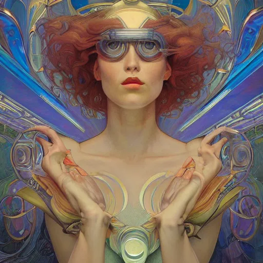 Image similar to a retrofuturist painting in the style of donato giancola, and in the style of tom bagshaw, and in the style of alphonse mucha. symmetry, smooth, sharp focus, semi - realism, intricate detail.