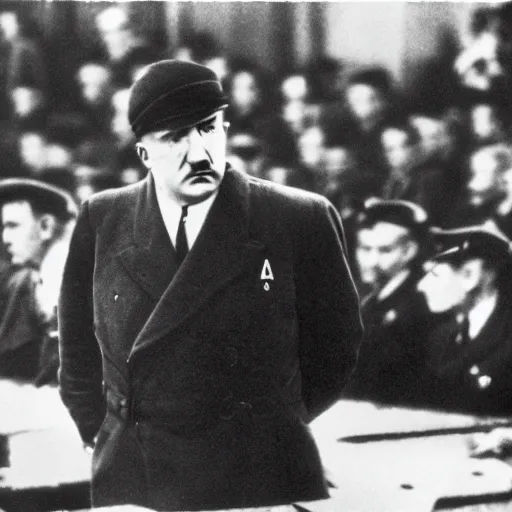 Image similar to adolf hitler in nuremberg trials, canon 3 5 mm photography