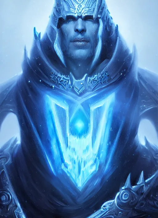 Image similar to portrait of a arthas the lich king, cold, glowing blue spirits, ghosts, intricate, elegant, highly detailed, digital painting, artstation, concept art, smooth, sharp focus, illustration, art by wlop, mars ravelo and greg rutkowski