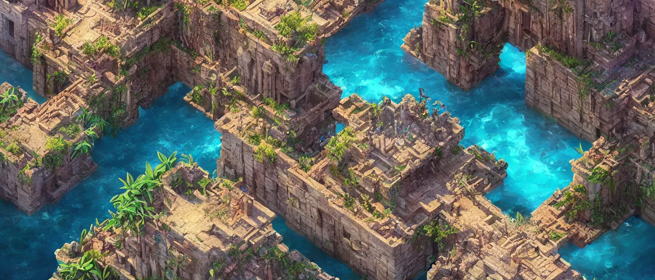 Image similar to dystopian mayan ruins on a colorful ocean, unreal engine, fantasy art by greg, loish, rhads, ferdinand knab, makoto shinkai, lois van baarle, ilya kuvshinov, rossdraws, tom bagshaw, global illumination, radiant light, highly detailed and intricate environment, isometric, trending onstudio ghibli, octane render, 8 k