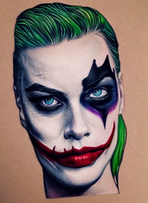 Prompt: tattoo design of beautiful margot robbie with a little joker makeup, holding an ace card, slight smile, in the style of den yakovlev, realistic face, black and white, realism tattoo, hyper realistic, highly detailed