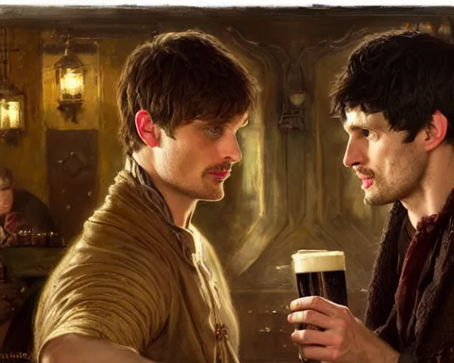 Prompt: attractive bradley james and attractive colin morgan go to a pub together to have some drinks. highly detailed painting by gaston bussiere, craig mullins, j. c. leyendecker 8 k