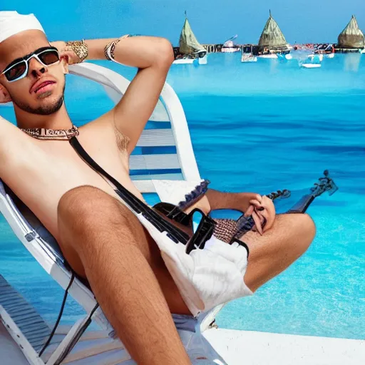 Image similar to music artist bad bunny relaxing in aruba, hyper realistic, highly detailed, award winning photo