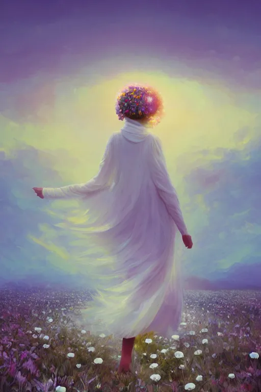 Image similar to giant white daisy flower face, girl with veil walking in a flower field, surreal photography, sunrise, dramatic light, impressionist painting, colorful clouds, digital painting, artstation, simon stalenhag