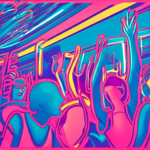 Prompt: in the front 2 friends partying with drinks in their hands, in the back a huge crowd and neon lines, surrealism