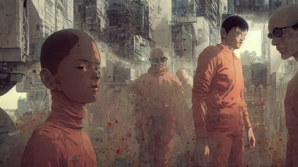 Image similar to realistic aesthetic highly detailed photography of characters in akira scene, characters with hyperrealistic highly detailed faces. from akira by katsuhiro otomo and alejandro hodorovski and denis villeneuve and gregory crewdson style with many details by mike winkelmann and vincent di fate in sci - fi style. volumetric natural light hyperrealism photo on dsmc 3 system