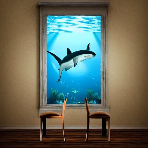 Image similar to a shark sitting in a chair reading a book underwater realistic hdr 8 k 3 5 mm