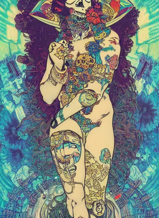 Image similar to cute punk goth fashion fractal Día de los Muertos tattooed astronaut girl posing, psychedelic poster art of by Victor Moscoso Rick Griffin Alphonse Mucha Gustav Klimt Ayami Kojima Amano Charlie Bowater, masterpiece