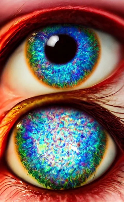 Prompt: image of an eyeball with iridescent pupil, art, photorealistic, realistic, photo, 8K, HDR, 8K resolution, detailed, high quality, high resolution, lossless quality