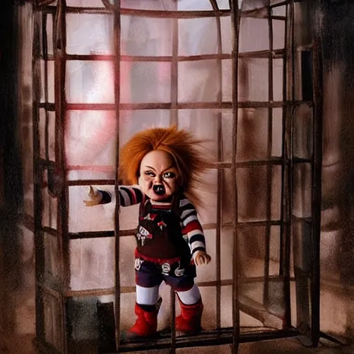 Image similar to the doll chucky in the middle of a cage fighting with doll annabelle, epic mma fight, dramatic poses, disneyland as backdrop, oil painting, by greg rutkowski