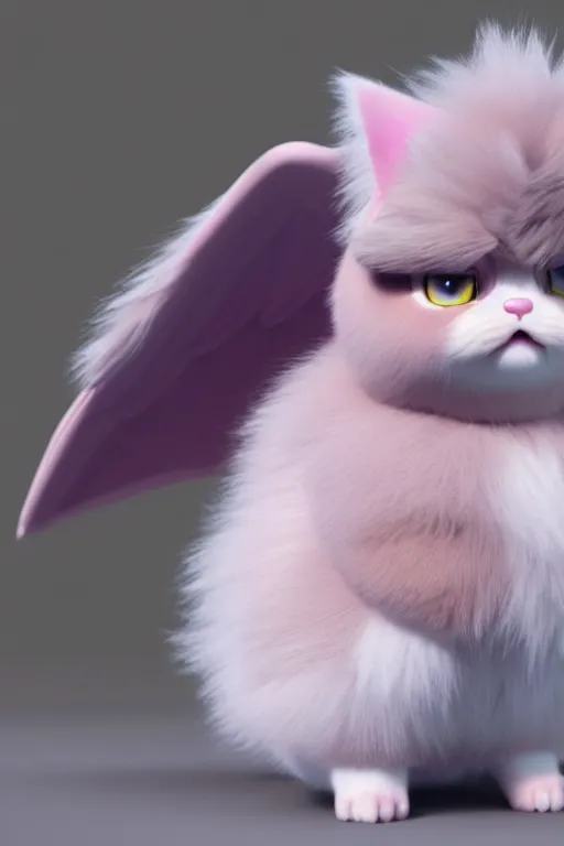 Image similar to high quality 3 d render hyperrealist very cute multipastel fluffy! grumpy griffin cat hybrid with fluffy wings!, vray smooth, in the style of detective pikachu, hannah yata charlie immer, dramatic yellow light, low angle, uhd 8 k, sharp focus