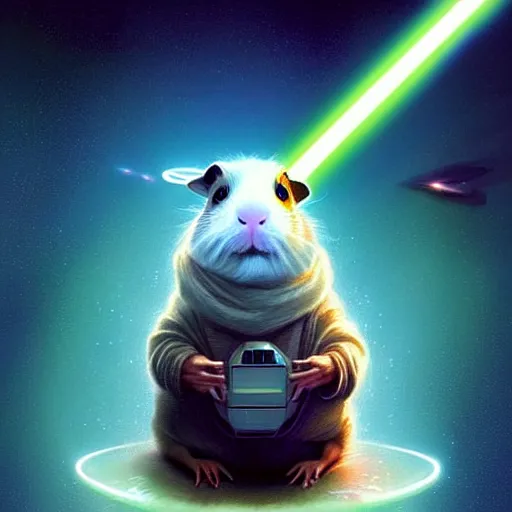 Prompt: cute anthropomorphic guinea pig full as an jedi in a spaceship, body portrait, divine lightning, by greg rutkowski, by charlie bowater