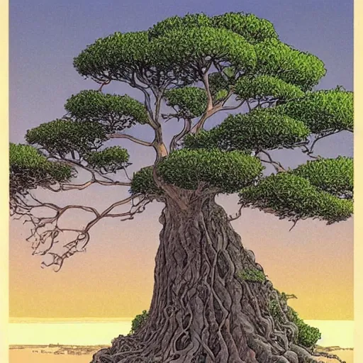 Image similar to a large tree growing from a large floating crystalline solid, by moebius