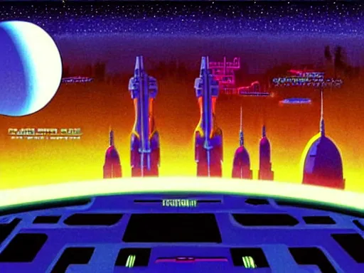 Image similar to a scifi illustration, Galactic City on Coruscant from Star Wars. flat colors, limited palette in FANTASTIC PLANET La planète sauvage animation by René Laloux