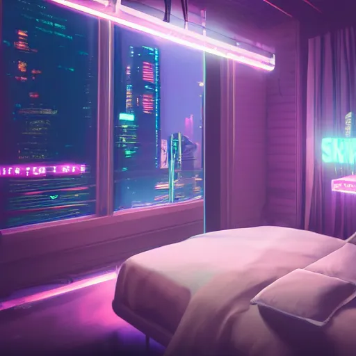 inside a girl room, cyberpunk vibe, neon glowing lights, sharp