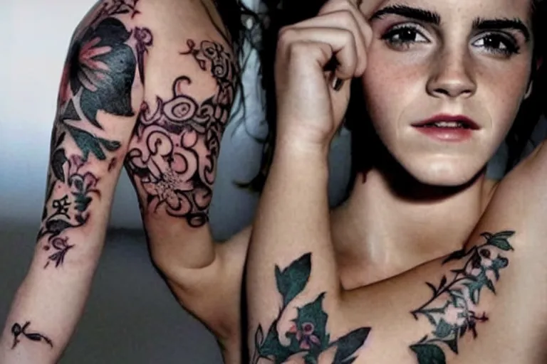 Image similar to emma watson, dope tattoo, hyperrealistic