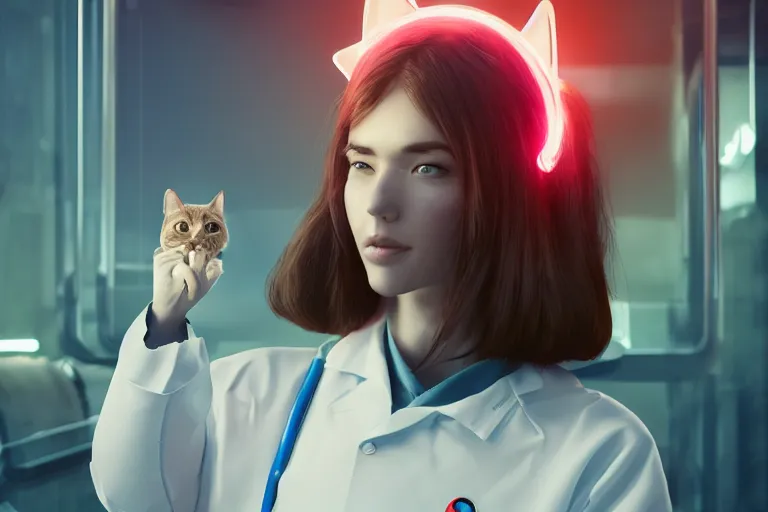 Prompt: woman with cat ears wearing a labcoat in a futuristic lab, cinematic, beautiful face, digital art, by wlop, by james gilleard, by conrad roset, by yoshitaka amano, sunlit, cozy, trending on artstation, octane render, matter art, close up shot