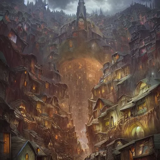 Image similar to an epic hyperdetailed 3 d matte painting of a wiccan shantytown in the victorian village surrounded by colossal biomorphic hallucinogenic demonic eldritch beings by peter mohrbacher by gerald brom by yoji shinkawa by richard michael gorman powers