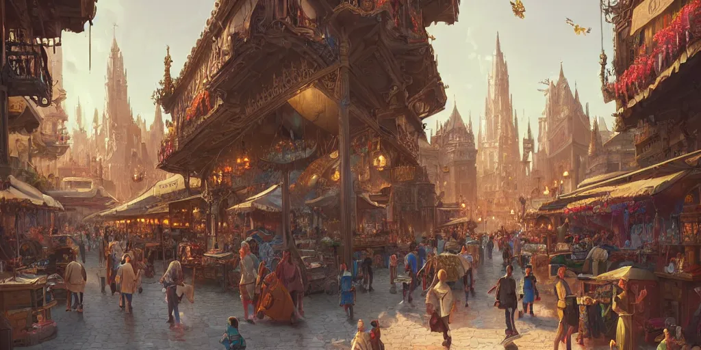 Image similar to a busy fantasy street market from within a beautiful and ornate city, by Sylvain Sarrailh, by Sebastian Luca, by Nicodemus Yang-Mattisson, cinematic, great composition, beautiful digital painting, oil painting, dungeons and dragons, lord of the rings