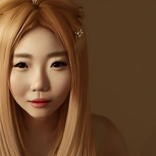 Image similar to portrait of a asian girl with blonde hair, in a fancy mansion, young cute beautiful face, wearing a expensive dress, detailed, 8 k, epic, charming, character, octane rendering, hyper realistic