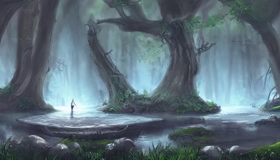 Prompt: sword stuck in a pond island, rainy enchanted forest of the ancients, moody high exposure, digital painting, concept art, photoshop speedpaint