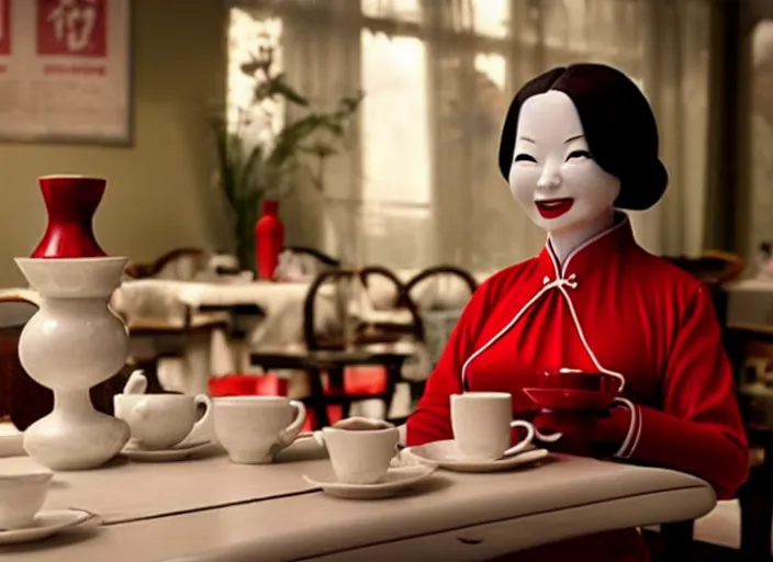 Prompt: movie still of a woman made out of porcelain sitting at a table in a cafe, wearing a red cheongsam, smooth white skin, creepy smile, tea set in foreground, directed by Guillermo Del Toro