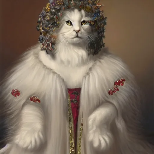 Prompt: portrait of beautiful long haired fluffy white cat with flowing fur wearing renaissance robes with lace collar and crown with jewels and flowers, detailed painting 4 k - n 4