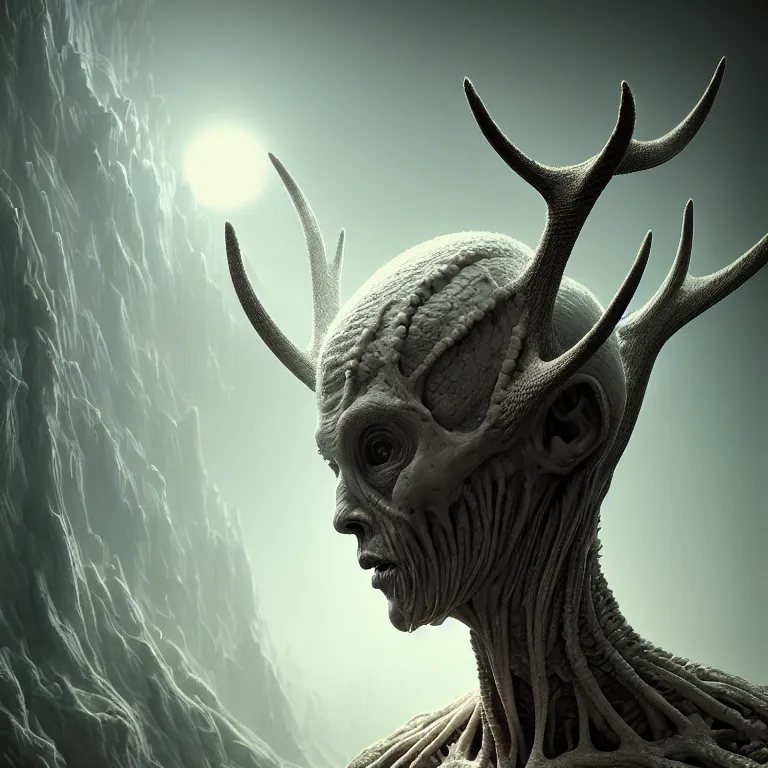 Image similar to portrait of white alien man with ribbed body, covered with twisted ribbed crooked antlers in wastelands on white exoplanet, baroque portrait painting, beautiful intricate insanely detailed octane render, artstation, 8 k artistic photography, photorealistic, volumetric perfect light, chiaroscuro, raphael, caravaggio, beksinski, rutkowski, giger