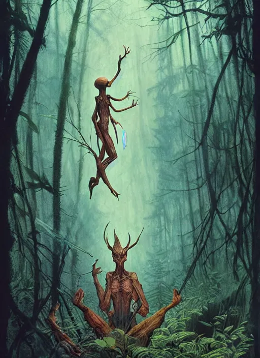 Image similar to hyper realistic magic alien in the woods in a river gorgeous lighting, lush forest foliage blue sky a hyper realistic ink drawing by chiara bautista and beksinski and norman rockwell and greg rutkowski, tom bagshaw weta studio, and lucasfilm