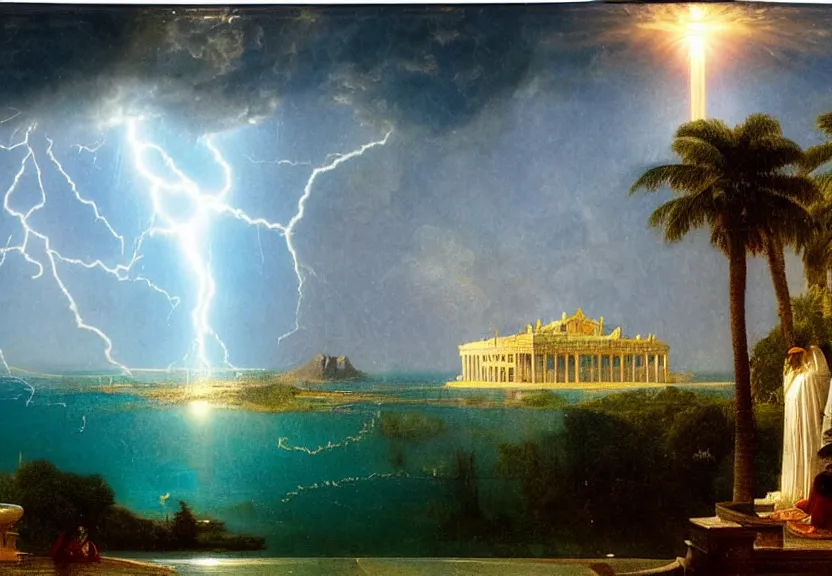 Image similar to Palace floating in the sky, refracted sparkles, thunderstorm, greek pool, beach and palm trees on the background major arcana sky, by paul delaroche, hyperrealistic 4k uhd, award-winning, very very very detailed