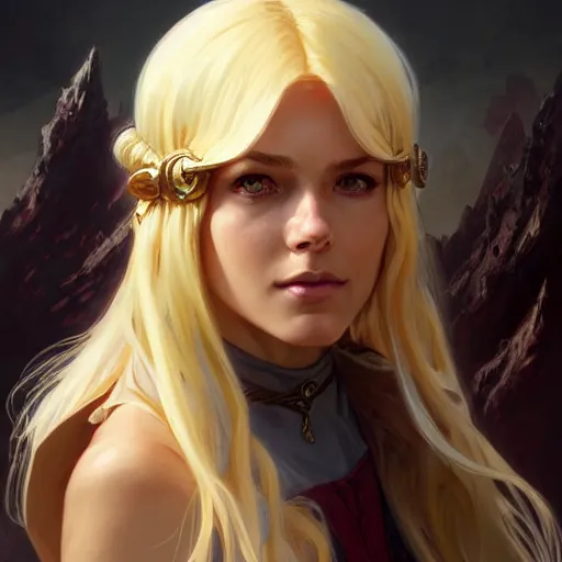 Image similar to an epic fantasy comic book style portrait painting of a young blonde girl thief, d & d, fantasy, joyful smirk, intricate, elegant, digital painting, artstation, concept art, matte, sharp focus, illustration, art by artgerm and greg rutkowski and alphonse mucha