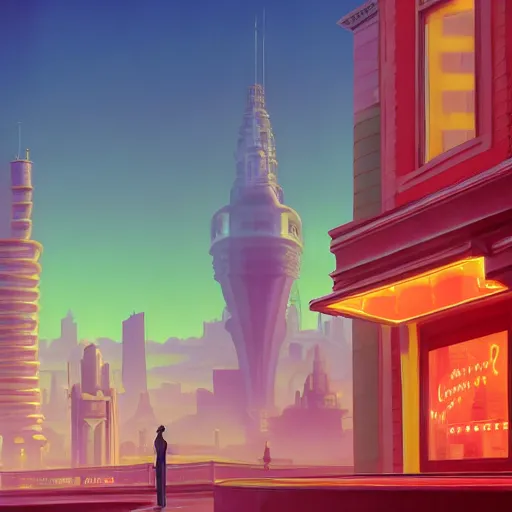Prompt: victorian city over the clouds, octane render, unreal engine, neon signs everywhere, very nice pastel colors, lights and shadows, glowing hot sun, very coherent, Houdini algorithmic generative art, painted by Edward Hopper, Wayne Barlowe, painted by James Gilleard, airbrush, art by JamesJean