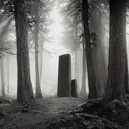 Image similar to old photograph of aliens surrounding a giant alien monolith in a haunted forest, epic composition