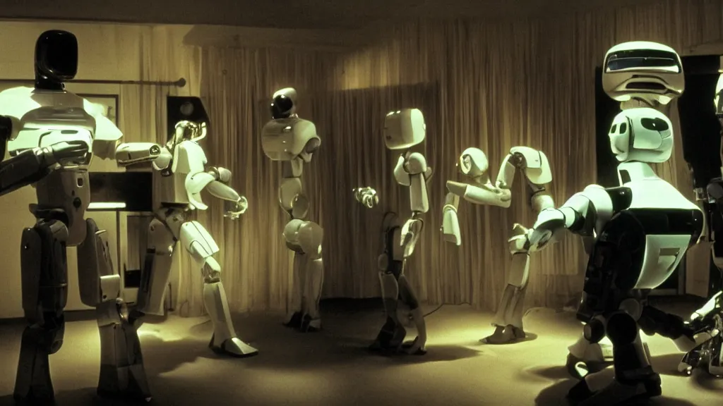 Image similar to movie scene of pulp fiction but with robots, movie still, cinematic composition, cinematic light, by david lynch