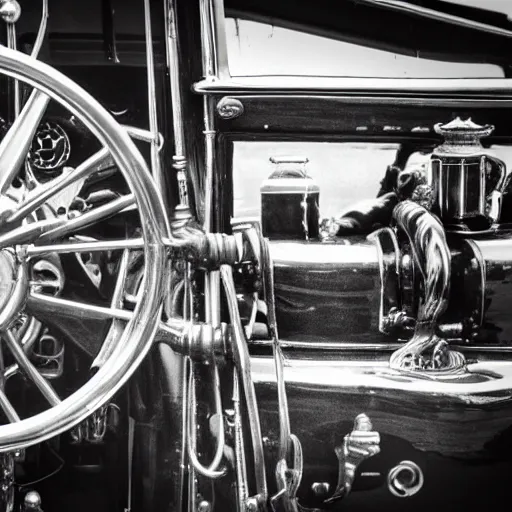 Image similar to close up of vintage steam car in victorian london, cinematographic shot,