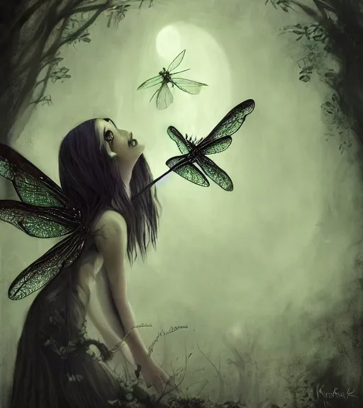 Prompt: gothic fairy with dragonfly wings, digital painting, liminal eerie midnight backlit, a picture taken by Michael Komarck