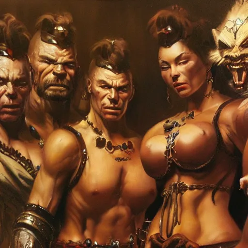 Prompt: ultra realistic portrait painting of the ubersreik five, art by frank frazetta, 4 k, ultra realistic, highly detailed, epic lighting