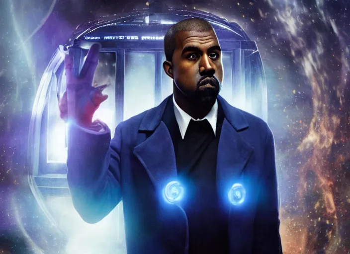 Prompt: kanye west as the doctor! with blue bowtie! in doctor who, doctor who, tardis!! tardis! movie still, detailed face, cinematic lighting, ray tracing, octane render, long lens, shallow depth of field, bokeh, anamorphic lens flare, 8 k, hyper detailed, 3 5 mm film grain