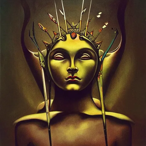 Image similar to Artemixel, the modern reincarnation of the old selenium god of hunt and moon (Selene), also known as Artemis, carrying the crown of the crescent moon. Golden bow and arrows surround her, and she is crowned by a bright and slightly bluish crescent like the brightness of the night. Portrait by Zdzislaw Beksinski, oil on canvas.