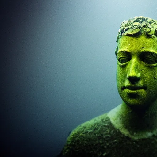Prompt: Award-winning photograph by Mar Mann. The photo depicts a decaying roman bust of Mark Zuckerberg overgrown with moss at the bottom of the sea in the middle of ruins of civilization. Minimalism, high definition, perfect composition. Deep sea picture. Very dark. Volumetric Lighting. Fish. Darkness. Ruins