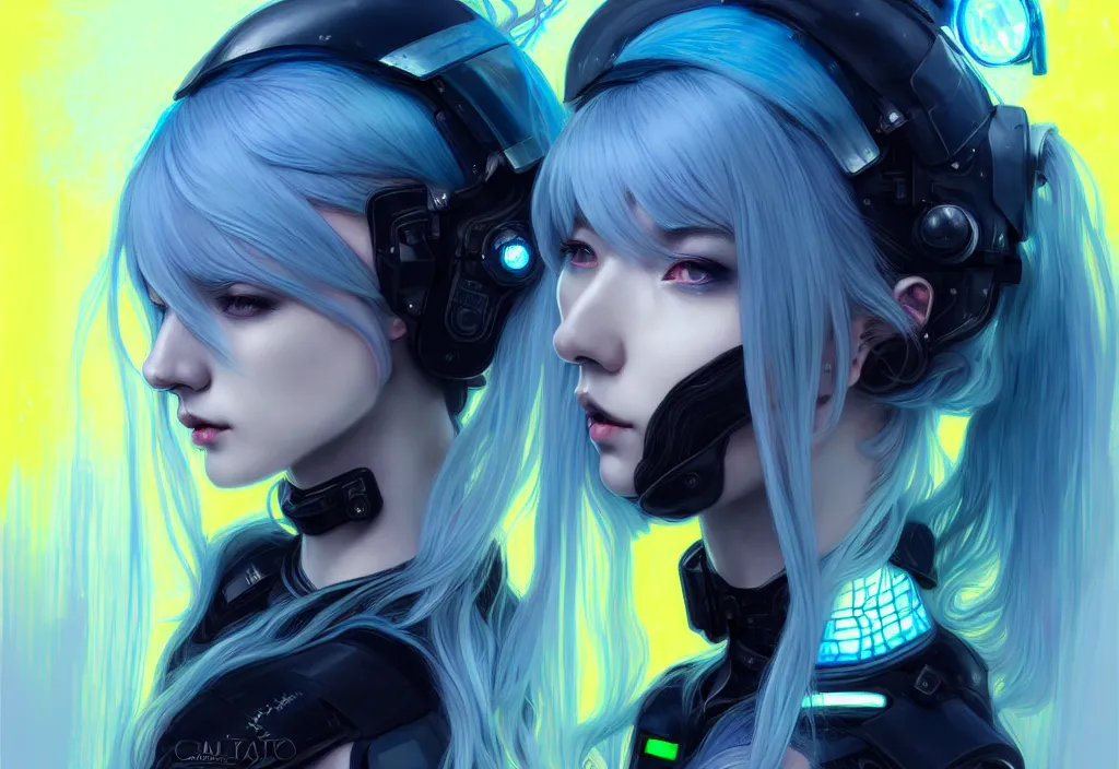 Prompt: portrait grey blue hair of futuristic ploice girl, matt black plus little yellow color armor, ( in future shibuya japan night ), ssci - fi and neon light fantasy, intricate and beautiful and elegant, highly detailed, digital painting, artstation, concept art, smooth and sharp focus, illustration, art by tian zi and wlop and alphonse mucha