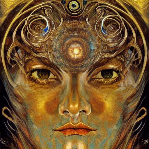 Prompt: Divine Chaos Engine portrait by Karol Bak, Jean Deville, Gustav Klimt, and Vincent Van Gogh, celestial, sacred geometry, visionary, fractal structures, ornate realistic gilded medieval icon, spirals