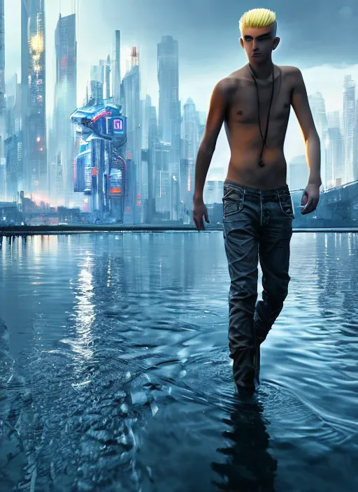 Image similar to photo of cyberpunk blonde male teenager walking on water in the style of stefan kostic, realistic, sharp focus, 8 k high definition, insanely detailed, intricate, elegant, art by stanley lau and artgerm