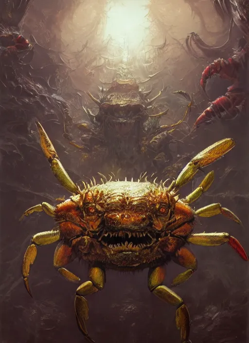 Image similar to Oil painting of a crab monster, portrait, D&D, Magic The Gathering, by Craig Mullins, Nekro, Victo Ngai, centered, symmetrical, 8k, sharp focus