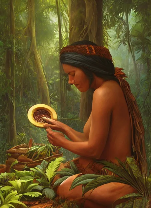 Image similar to a beautiful indigenous woman preparing plant medicines in the jungle, art by christophe vacher