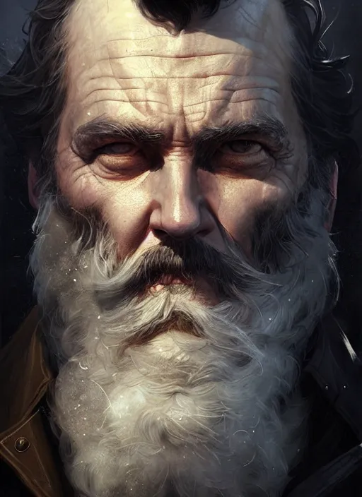 Prompt: portrait of a rugged sea captain in a trenchcoat, victorian, concept art, detailed face, fantasy, close up face, highly detailed, cinematic lighting, digital art painting by greg rutkowski