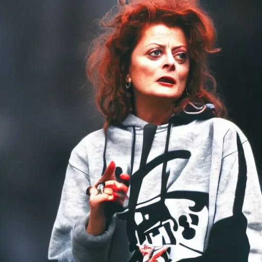 Image similar to 1 9 9 0 s video still of susan sarandon, wearing a hip hop hoodie, rapping on stage at a small outdoor concert, vhs artifacts